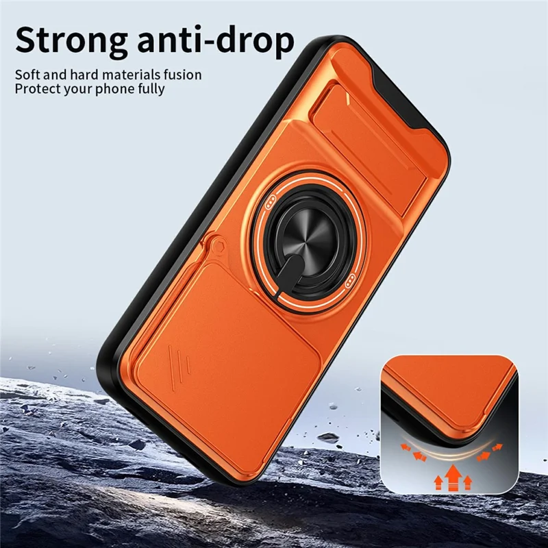 For Xiaomi Redmi Note 15 Pro 5G (Global) Magnetic Case Ring Holder Foldable Kickstand TPU PC Phone Cover with Camera Lens Slider - Orange