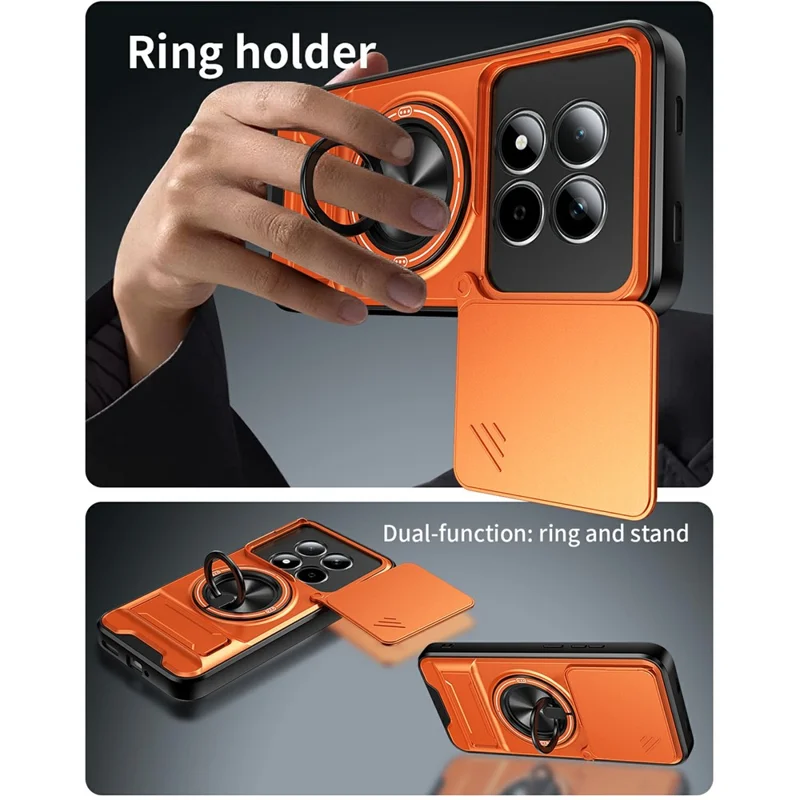 For Xiaomi Redmi Note 15 Pro 5G (Global) Magnetic Case Ring Holder Foldable Kickstand TPU PC Phone Cover with Camera Lens Slider - Orange