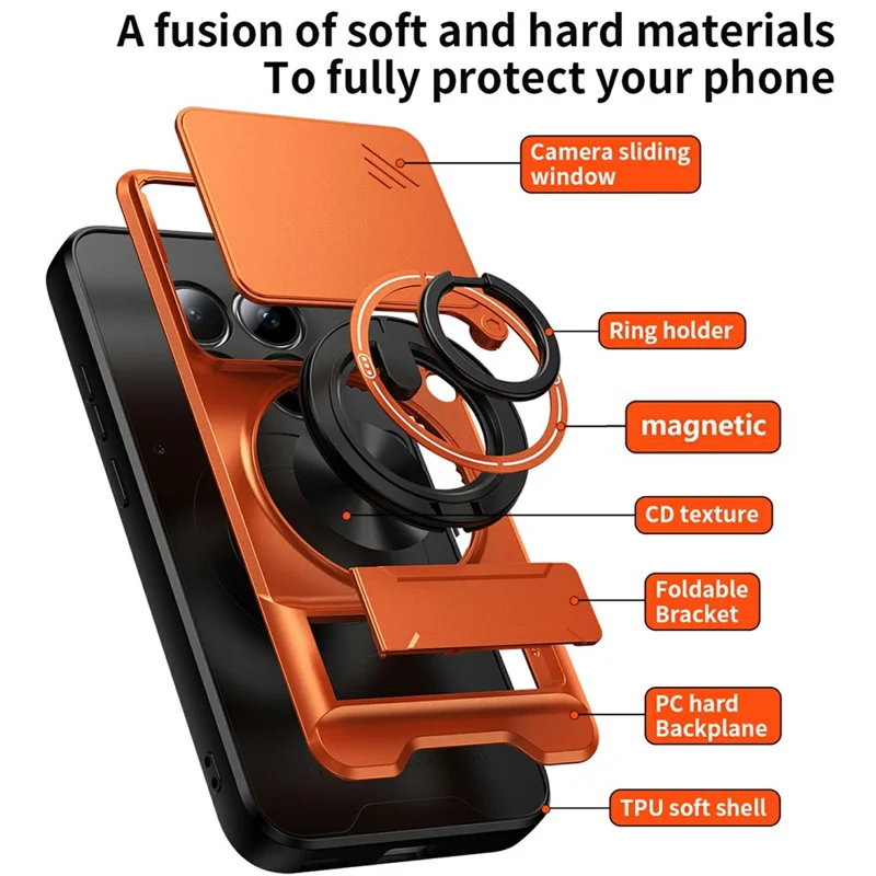 For Xiaomi Redmi Note 15 Pro 5G (Global) Magnetic Case Ring Holder Foldable Kickstand TPU PC Phone Cover with Camera Lens Slider - Orange