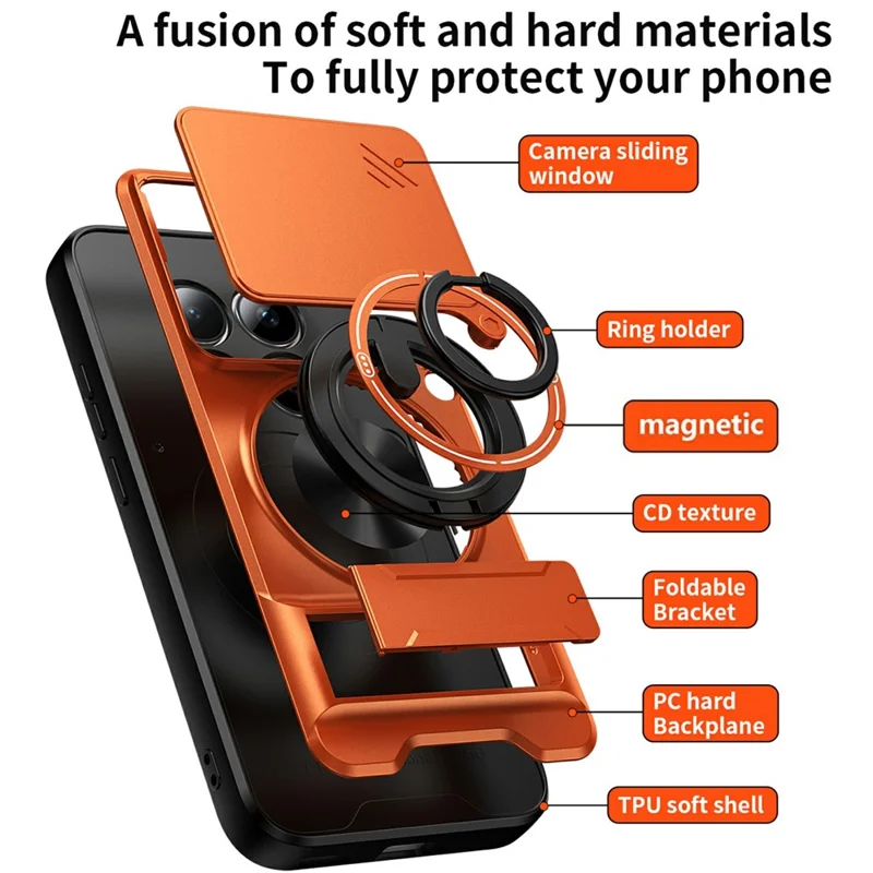 Magnetic Case For Xiaomi Poco M8 Pro 5G  /  Redmi Note 15 Pro+ 5G (Global) Ring Holder Foldable Kickstand TPU PC Phone Cover with Camera Lens Slider - Orange