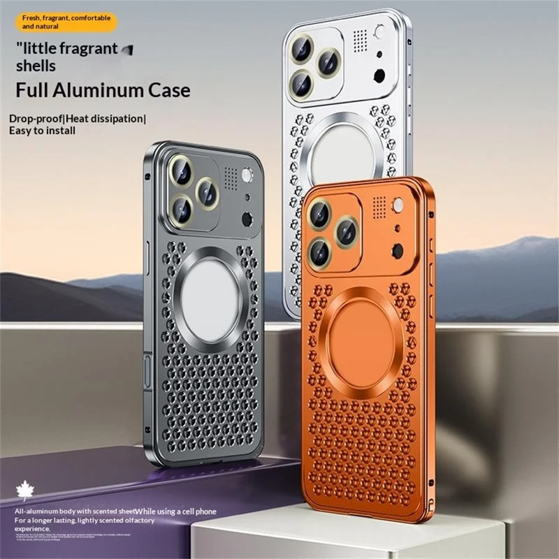 Bulk Purchasing For iPhone 17 Pro Max Case Compatible with MagSafe Spring Buckle Hollow Out Metal Phone Cover with Aromatherapy Tablet - Orange