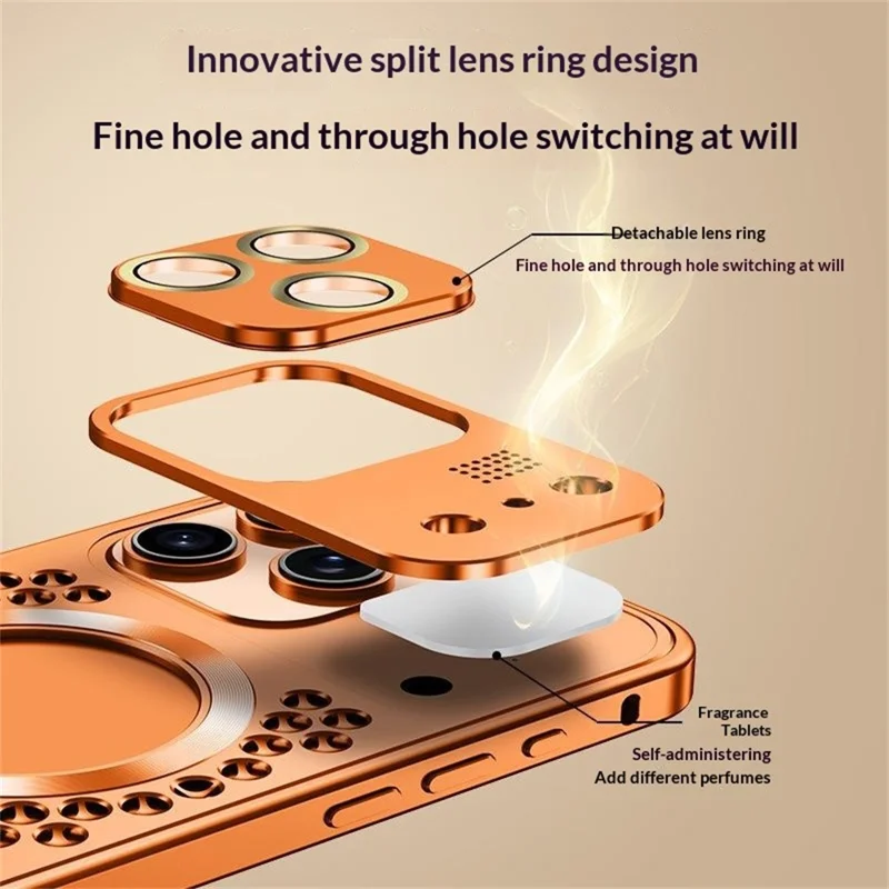 Bulk Purchasing For iPhone 17 Pro Max Case Compatible with MagSafe Spring Buckle Hollow Out Metal Phone Cover with Aromatherapy Tablet - Orange