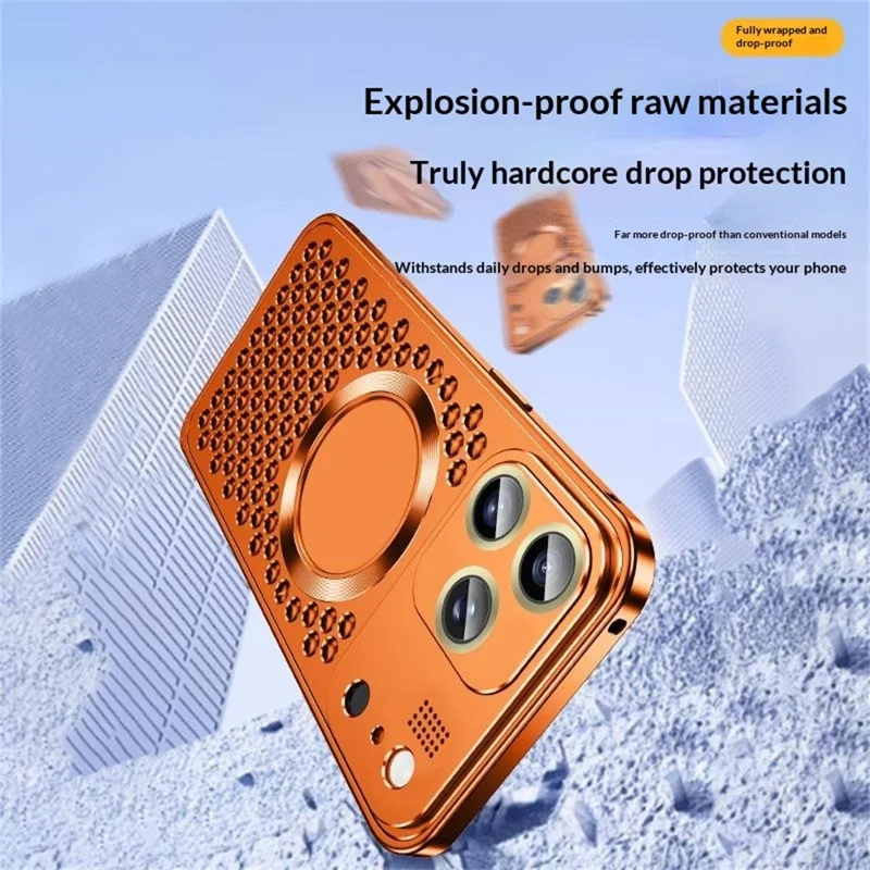 Bulk Purchasing For iPhone 17 Pro Max Case Compatible with MagSafe Spring Buckle Hollow Out Metal Phone Cover with Aromatherapy Tablet - Orange