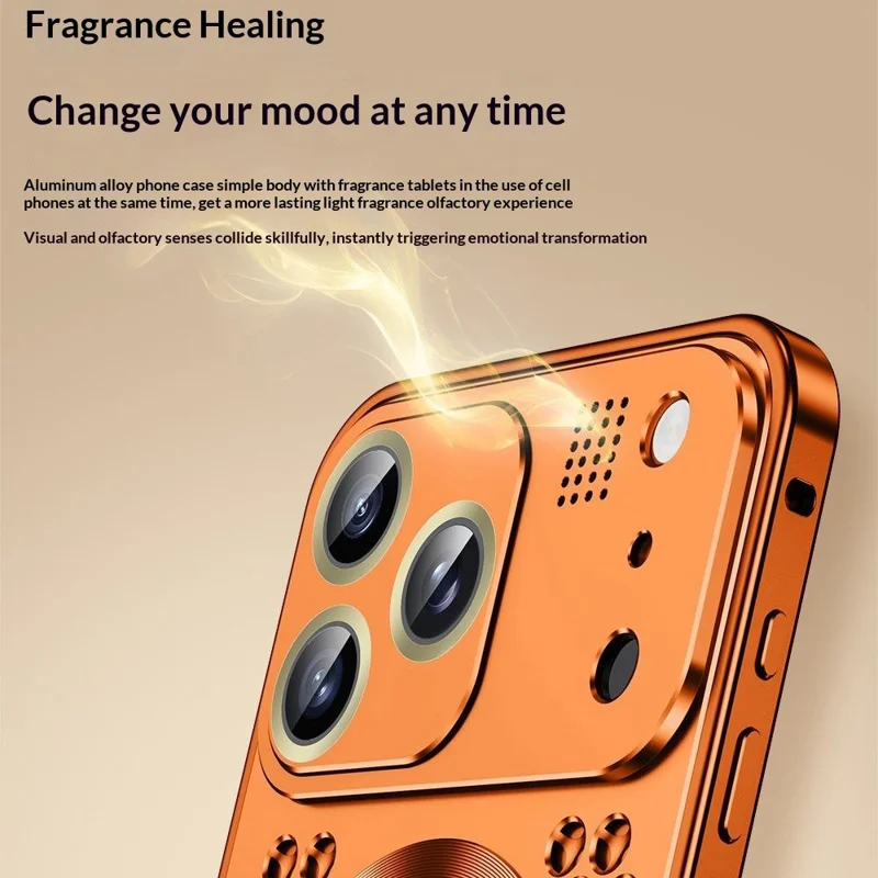 Bulk Purchasing For iPhone 17 Pro Max Case Compatible with MagSafe Spring Buckle Hollow Out Metal Phone Cover with Aromatherapy Tablet - Orange