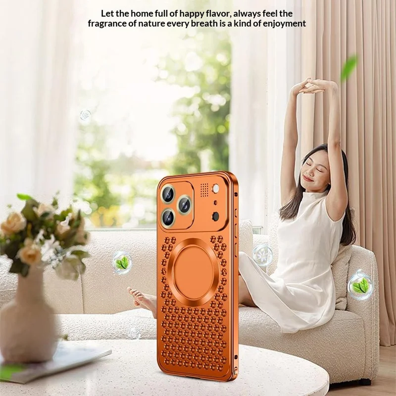Bulk Purchasing For iPhone 17 Pro Max Case Compatible with MagSafe Spring Buckle Hollow Out Metal Phone Cover with Aromatherapy Tablet - Orange