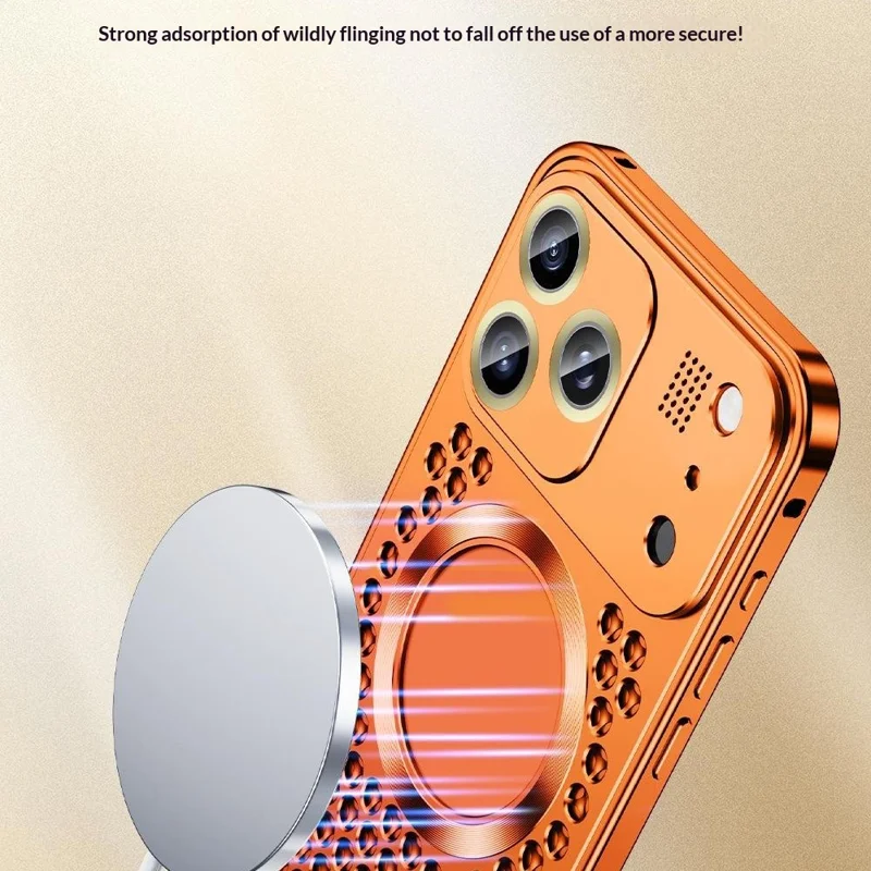 Bulk Purchasing For iPhone 17 Pro Max Case Compatible with MagSafe Spring Buckle Hollow Out Metal Phone Cover with Aromatherapy Tablet - Orange
