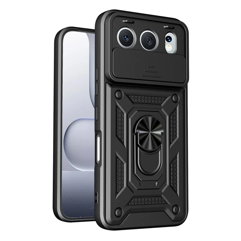 For Honor 500 5G Case with Slide Camera Lid PC + TPU Kickstand Phone Cover - Black