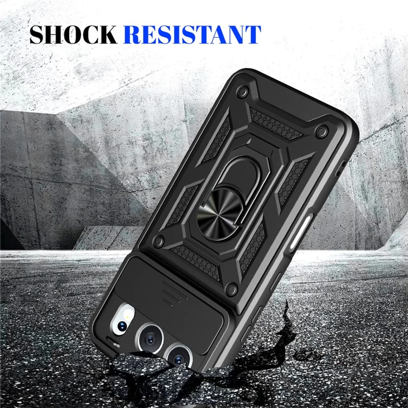 For Honor 500 5G Case with Slide Camera Lid PC + TPU Kickstand Phone Cover - Black