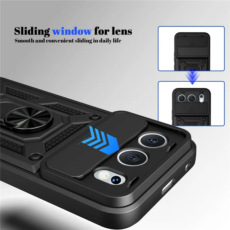 For Honor 500 5G Case with Slide Camera Lid PC + TPU Kickstand Phone Cover - Black