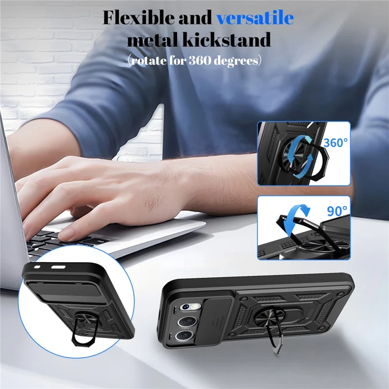 For Honor 500 5G Case with Slide Camera Lid PC + TPU Kickstand Phone Cover - Black