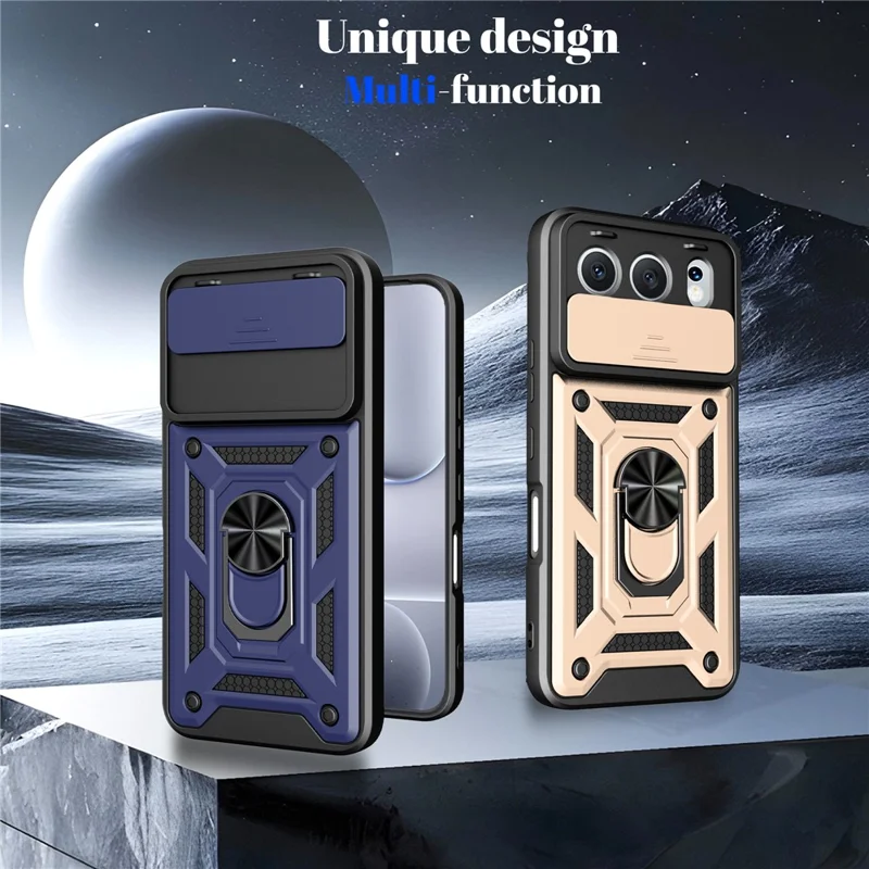 For Honor 500 5G Case with Slide Camera Lid PC + TPU Kickstand Phone Cover - Black