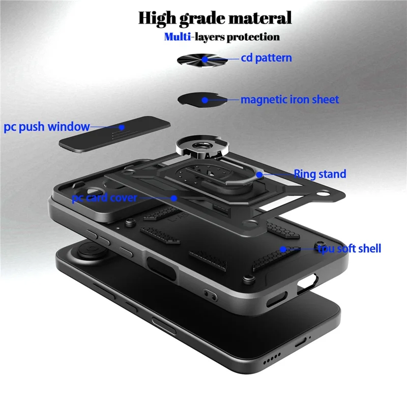 For Honor 500 5G Case with Slide Camera Lid PC + TPU Kickstand Phone Cover - Black