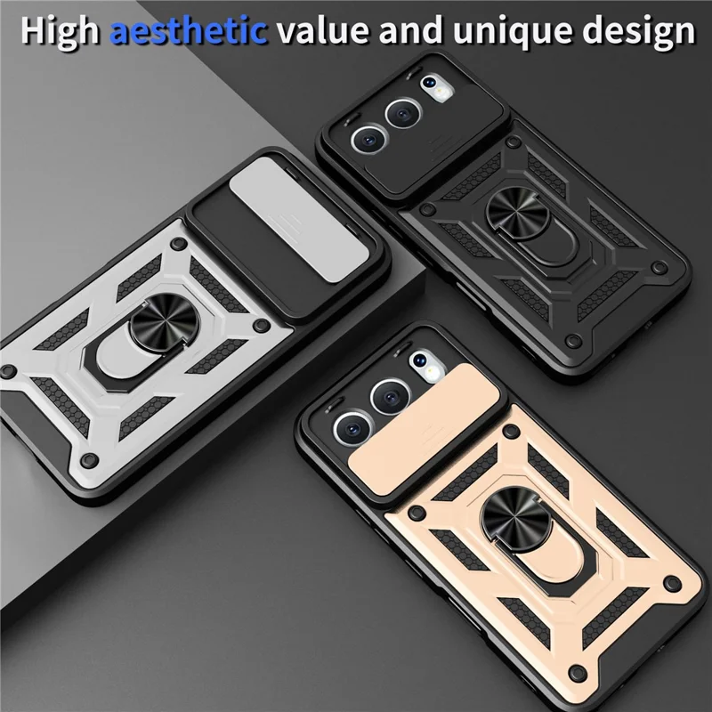 For Honor 500 5G Case with Slide Camera Lid PC + TPU Kickstand Phone Cover - Black