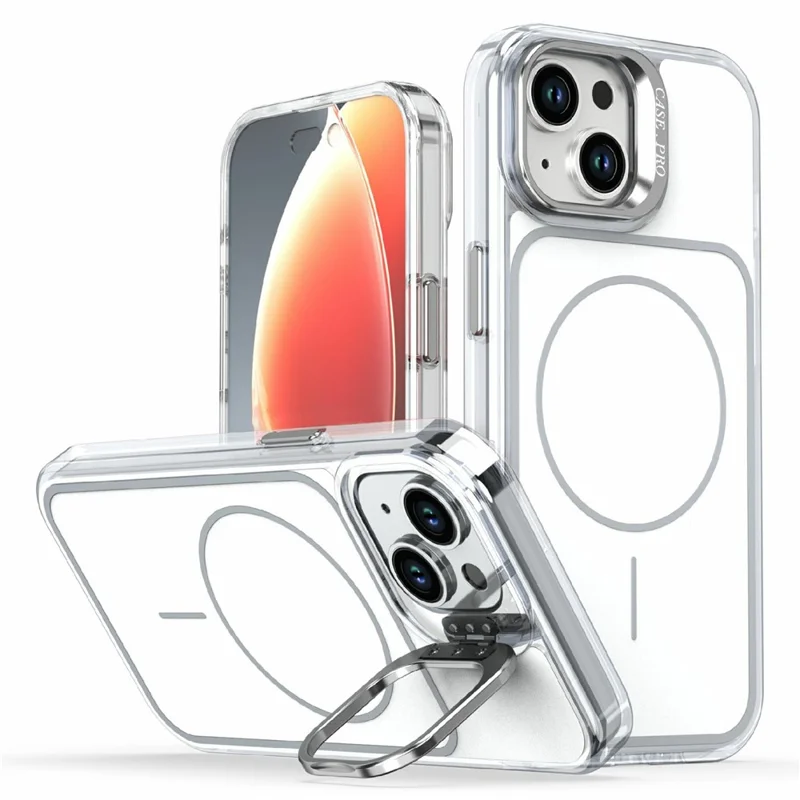 For iPhone 15 Magnetic Case Matching Color Lens Kickstand TPU PC Phone Cover Compatible with MagSafe - White