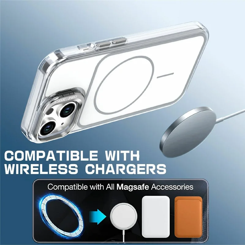For iPhone 15 Magnetic Case Matching Color Lens Kickstand TPU PC Phone Cover Compatible with MagSafe - White