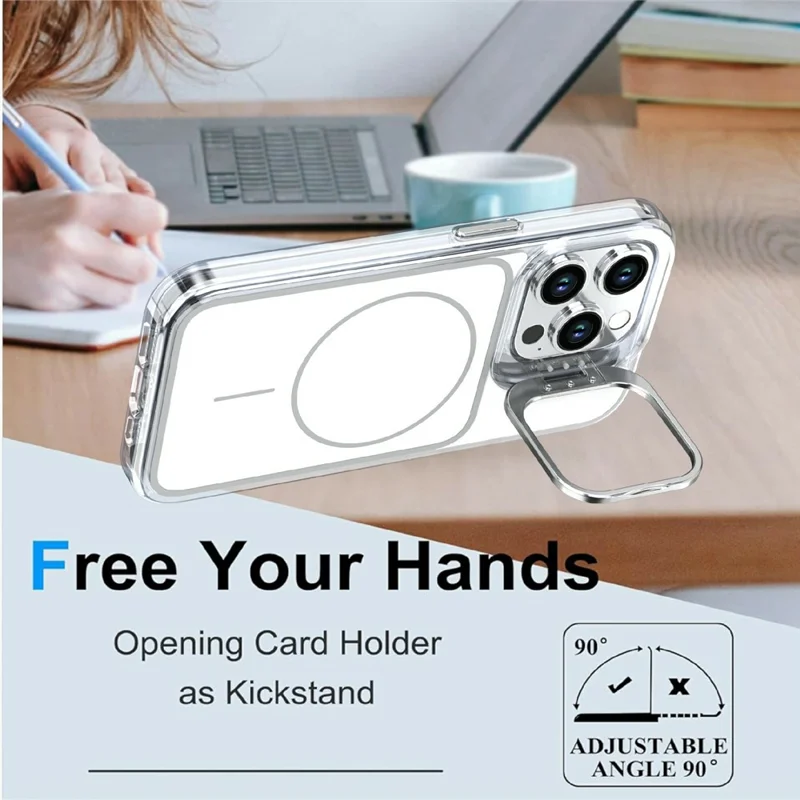 For iPhone 15 Pro Magnetic Case Matching Color Lens Kickstand TPU PC Phone Cover Compatible with MagSafe - White