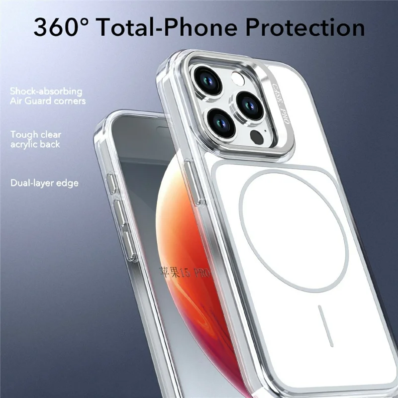For iPhone 15 Pro Magnetic Case Matching Color Lens Kickstand TPU PC Phone Cover Compatible with MagSafe - White