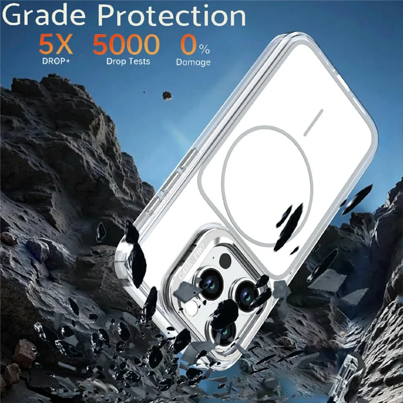 For iPhone 15 Pro Magnetic Case Matching Color Lens Kickstand TPU PC Phone Cover Compatible with MagSafe - White