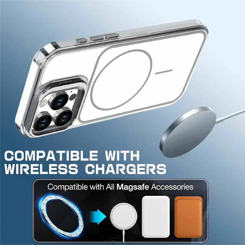 For iPhone 16 Pro Magnetic Case Matching Color Lens Kickstand TPU PC Phone Cover Compatible with MagSafe - White