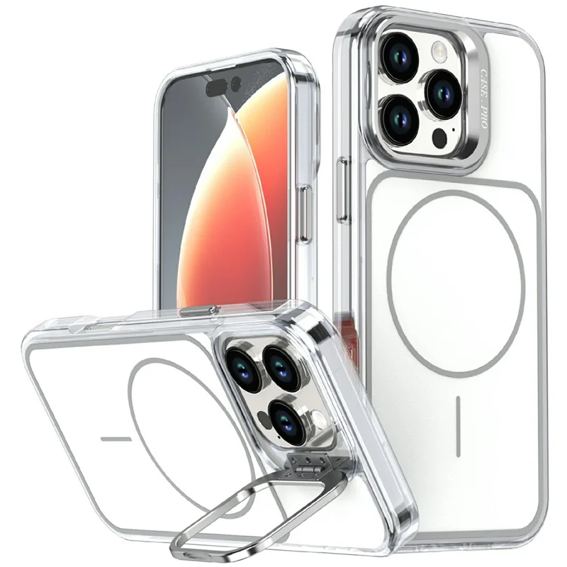 For iPhone 16 Pro Max Magnetic Case Matching Color Lens Kickstand TPU PC Phone Cover Compatible with MagSafe - White
