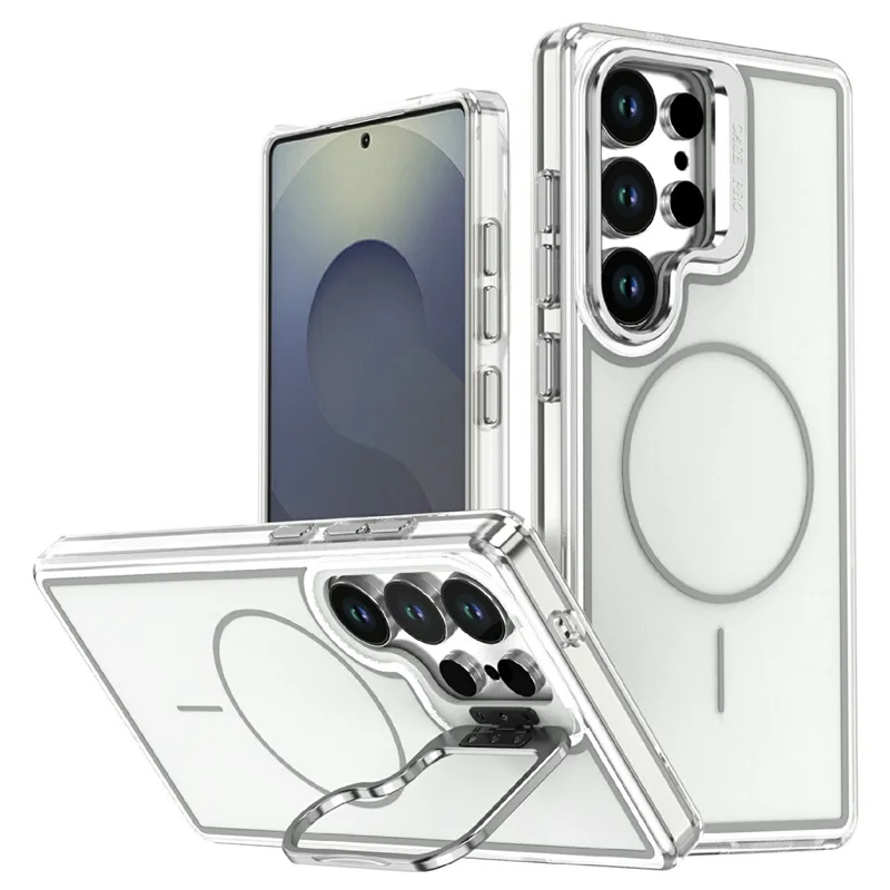 For Samsung Galaxy S24 Ultra Magnetic Case Matching Color Lens Kickstand TPU PC Phone Cover - White