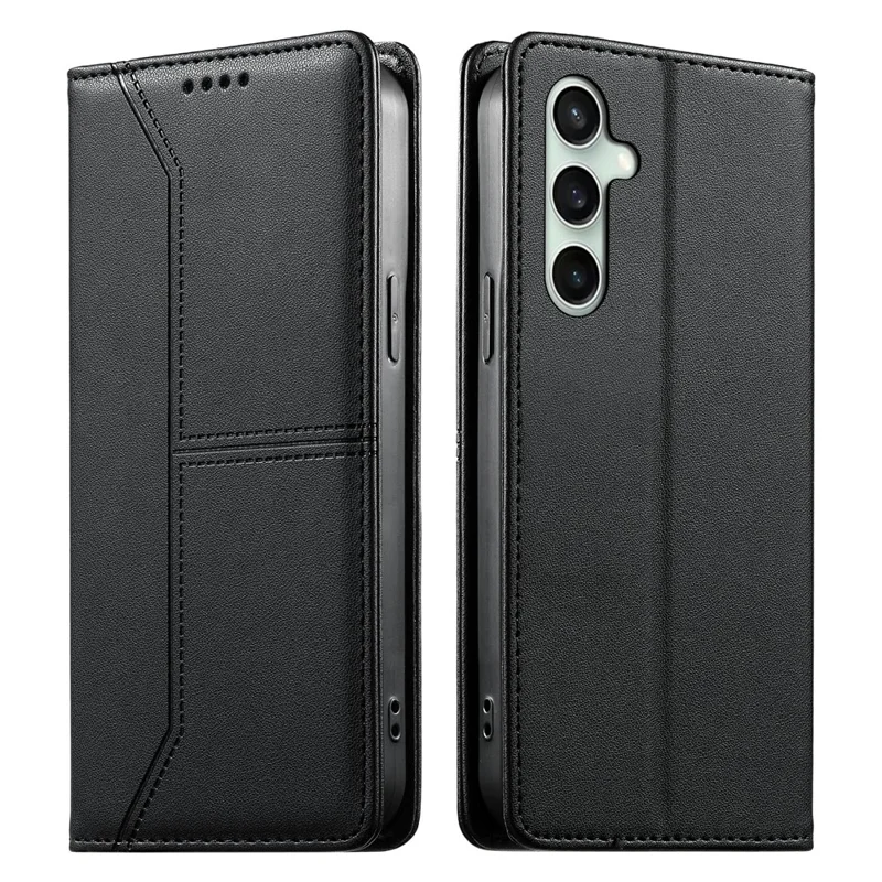 For Samsung Galaxy S24 FE Wallet Stand Case Line Splicing TPU PU Leather Phone Cover - Black