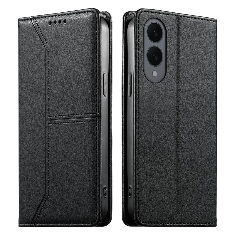 For Samsung Galaxy S25 Edge Wallet Stand Case Line Splicing TPU PU Leather Phone Cover - Black