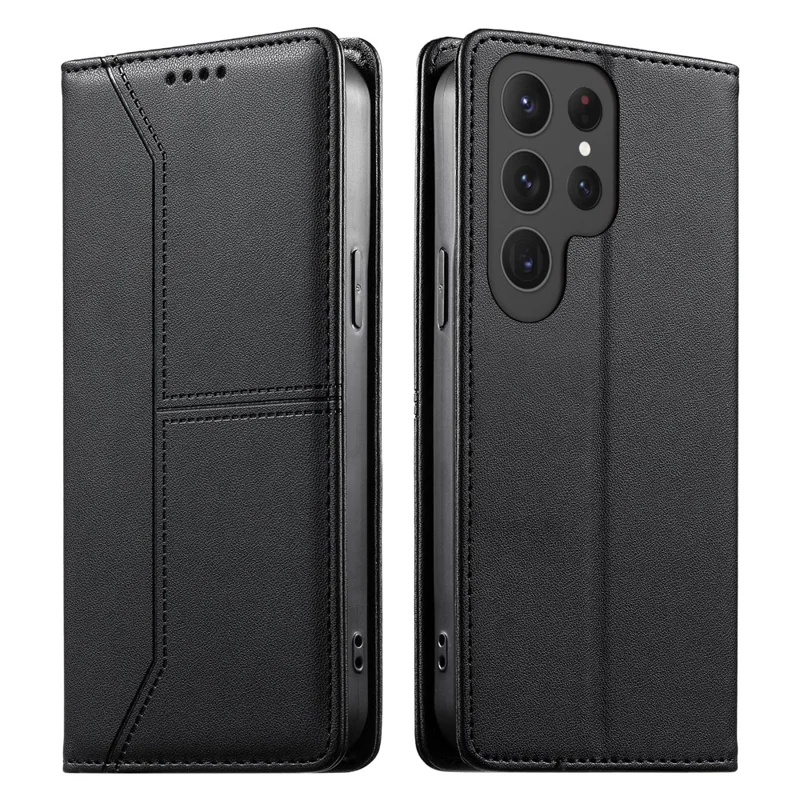 For Samsung Galaxy S25 Ultra Wallet Stand Case Line Splicing TPU PU Leather Phone Cover - Black