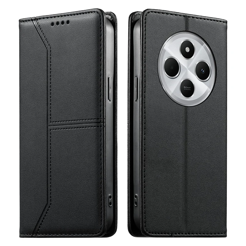 Wallet Stand Case For Xiaomi Poco C75 4G  /  Redmi 14R 5G  /  14C 4G Line Splicing TPU PU Leather Phone Cover - Black