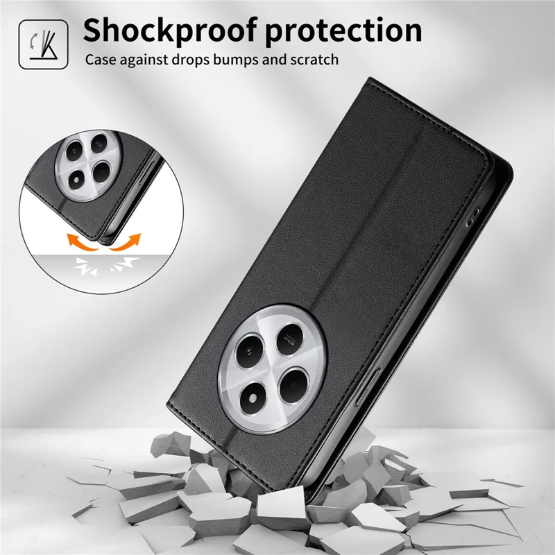 Wallet Stand Case For Xiaomi Poco C75 4G  /  Redmi 14R 5G  /  14C 4G Line Splicing TPU PU Leather Phone Cover - Black