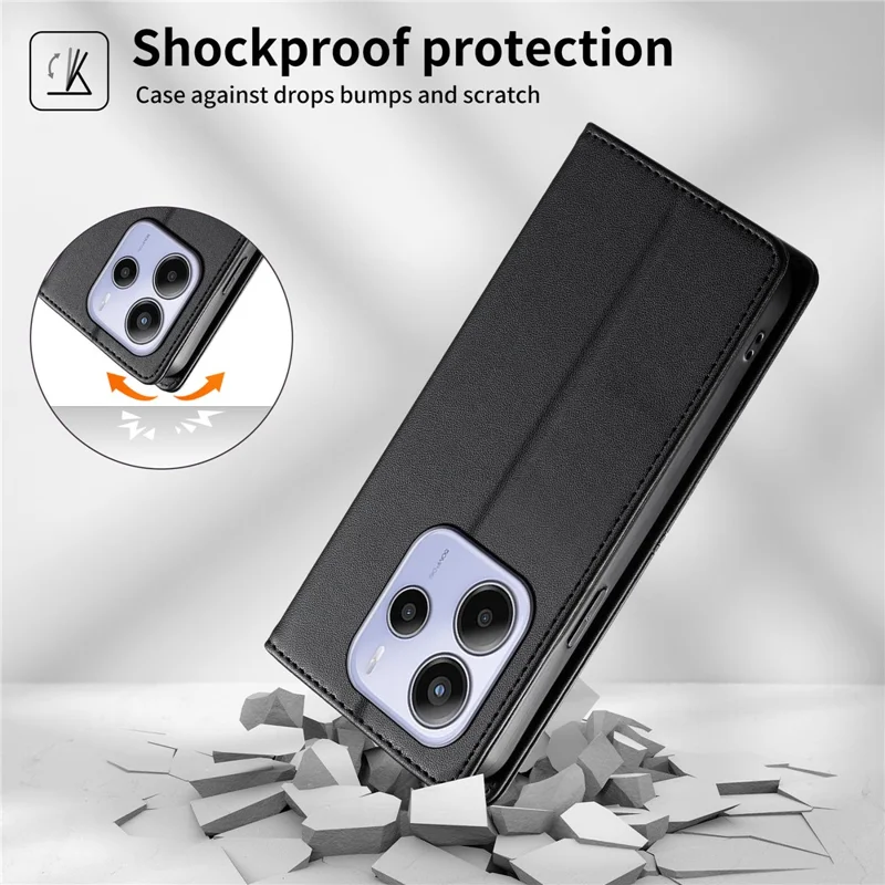 For Xiaomi Redmi Note 14 4G (164.84mm) Wallet Stand Case Line Splicing TPU PU Leather Phone Cover - Black