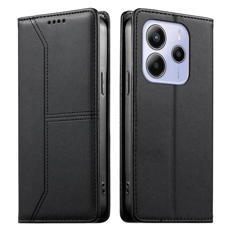 For Xiaomi Redmi Note 14 5G Wallet Stand Case Line Splicing TPU PU Leather Phone Cover - Black