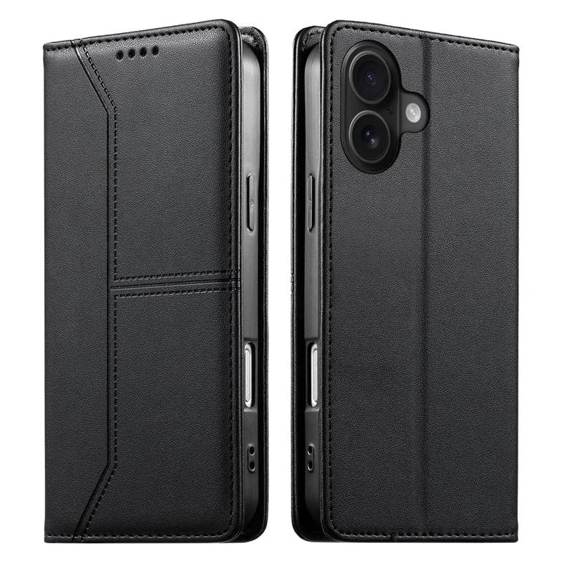 For iPhone 16 Wallet Stand Case Line Splicing TPU PU Leather Phone Cover - Black