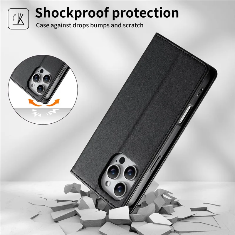 For iPhone 16 Pro Wallet Stand Case Line Splicing TPU PU Leather Phone Cover - Black