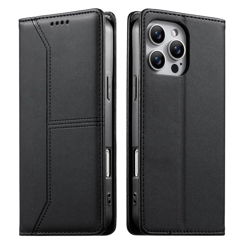 For iPhone 16 Pro Max Wallet Stand Case Line Splicing TPU PU Leather Phone Cover - Black