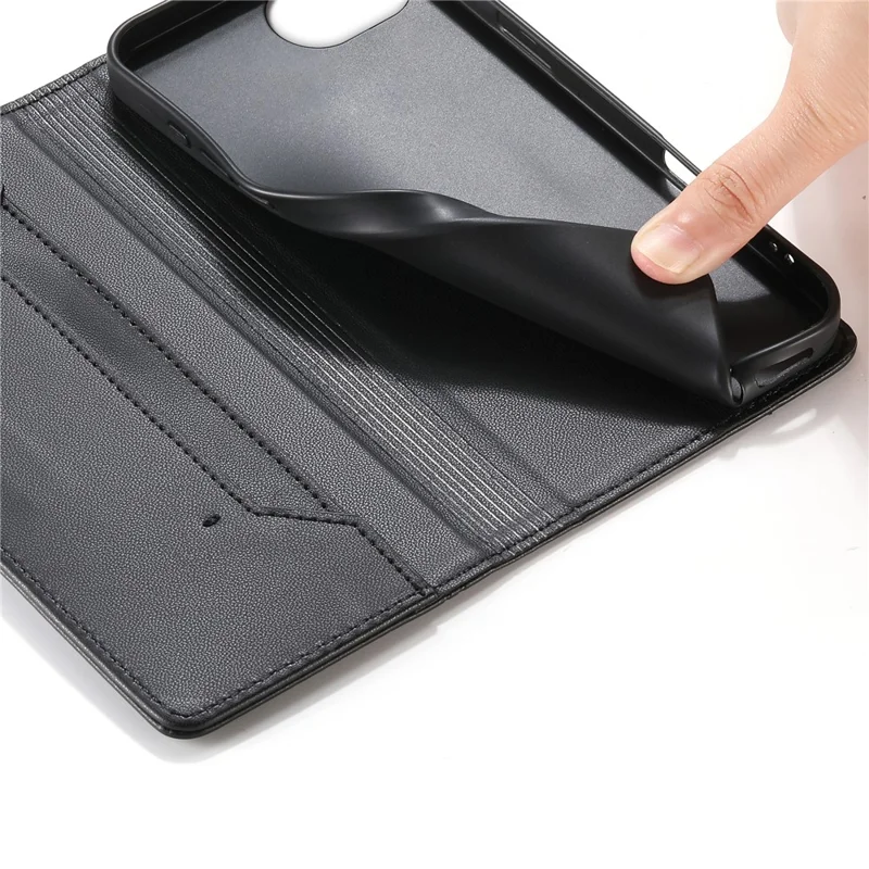 For iPhone 16e Wallet Stand Case Line Splicing TPU PU Leather Phone Cover - Black