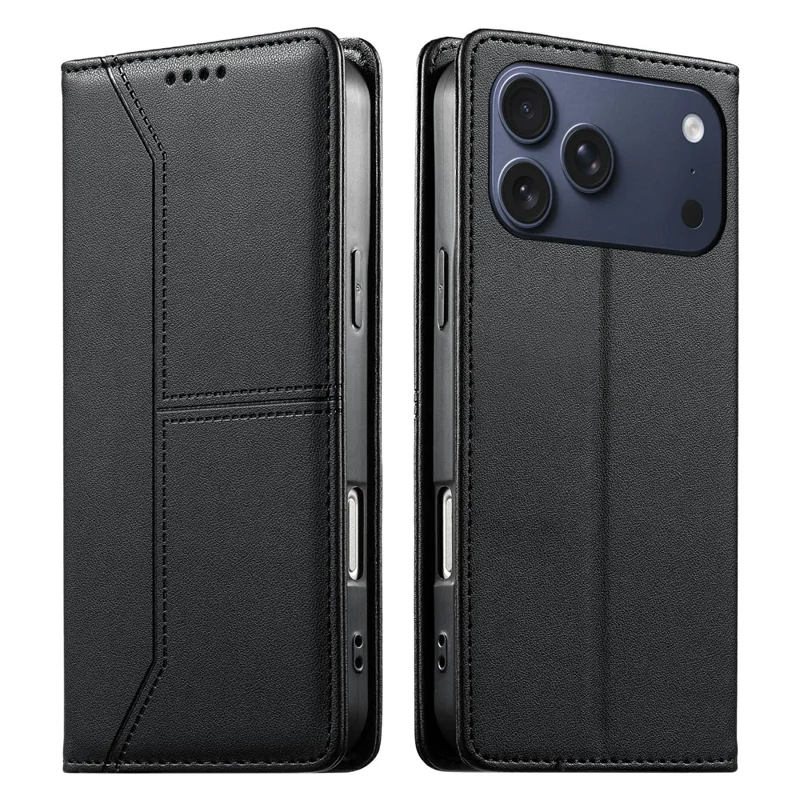 For iPhone 18 Pro / 17 Pro Wallet Stand Case Line Splicing TPU PU Leather Phone Cover - Black