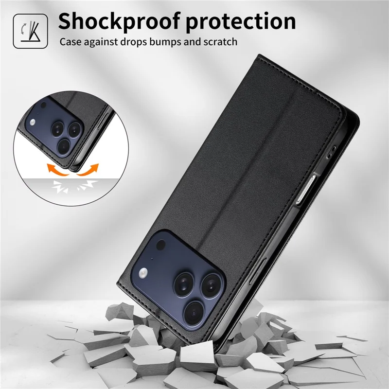 For iPhone 18 Pro / 17 Pro Wallet Stand Case Line Splicing TPU PU Leather Phone Cover - Black