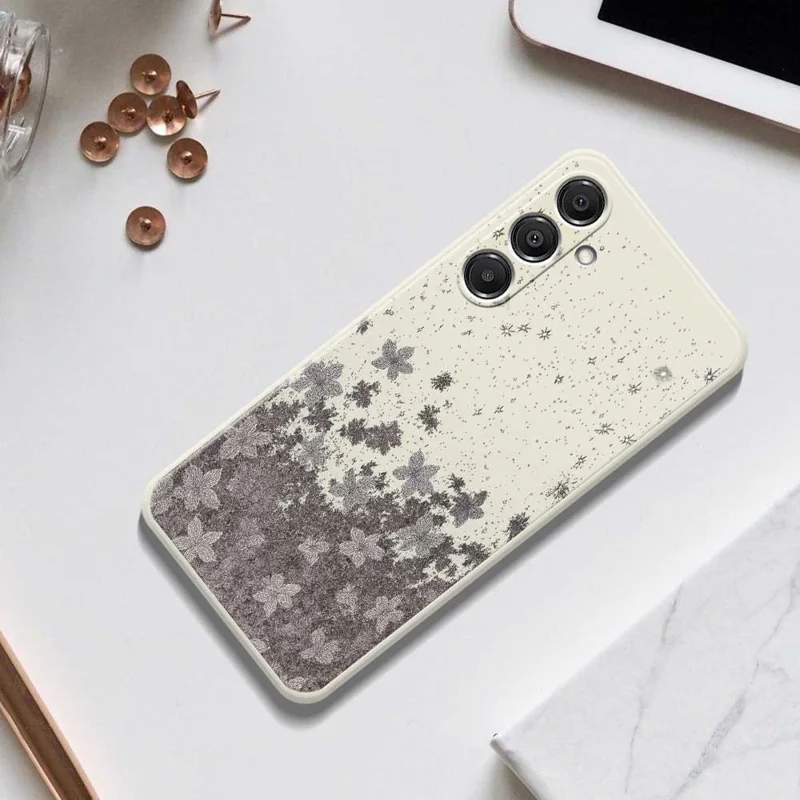 For Samsung Galaxy A57 5G Case Grey Flowers Pattern Printing Straight Edge TPU Phone Back Cover - Beige