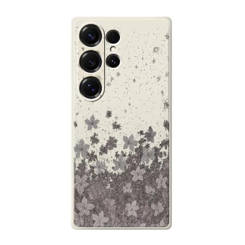 For Samsung Galaxy S26 Ultra Case Grey Flowers Pattern Printing Straight Edge TPU Phone Back Cover - Beige