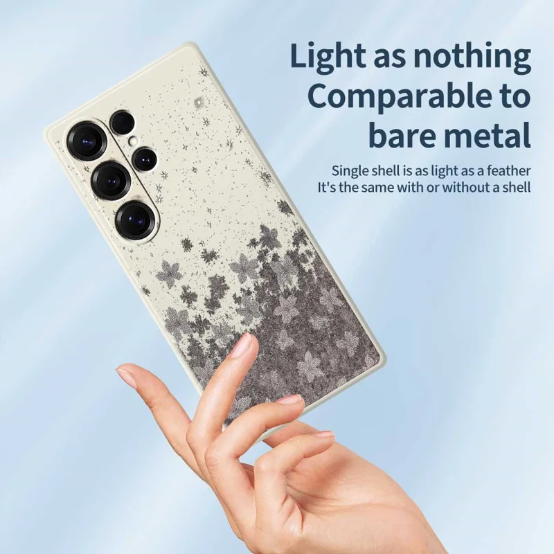 For Samsung Galaxy S26 Ultra Case Grey Flowers Pattern Printing Straight Edge TPU Phone Back Cover - Beige