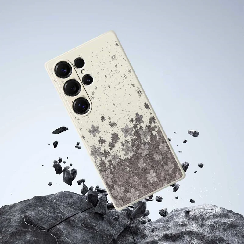 For Samsung Galaxy S26 Ultra Case Grey Flowers Pattern Printing Straight Edge TPU Phone Back Cover - Beige