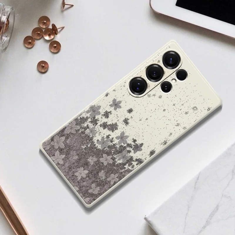 For Samsung Galaxy S26 Ultra Case Grey Flowers Pattern Printing Straight Edge TPU Phone Back Cover - Beige