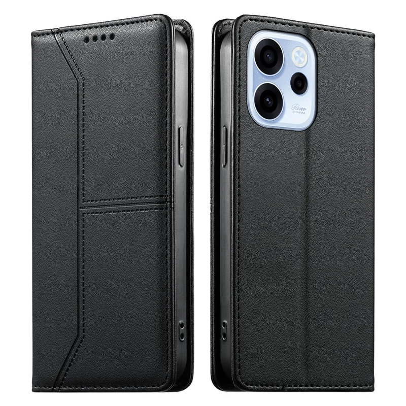 For Oppo Reno15 F 5G Wallet Stand Case Line Splicing TPU PU Leather Phone Cover - Black