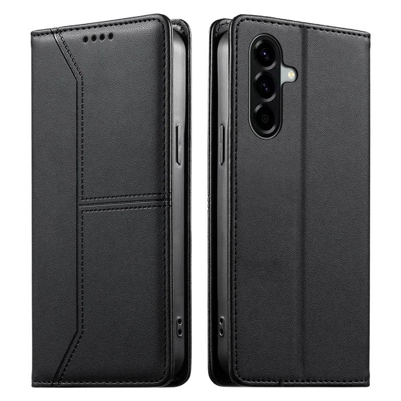 For Samsung Galaxy A57 5G Wallet Stand Case Line Splicing TPU PU Leather Phone Cover - Black