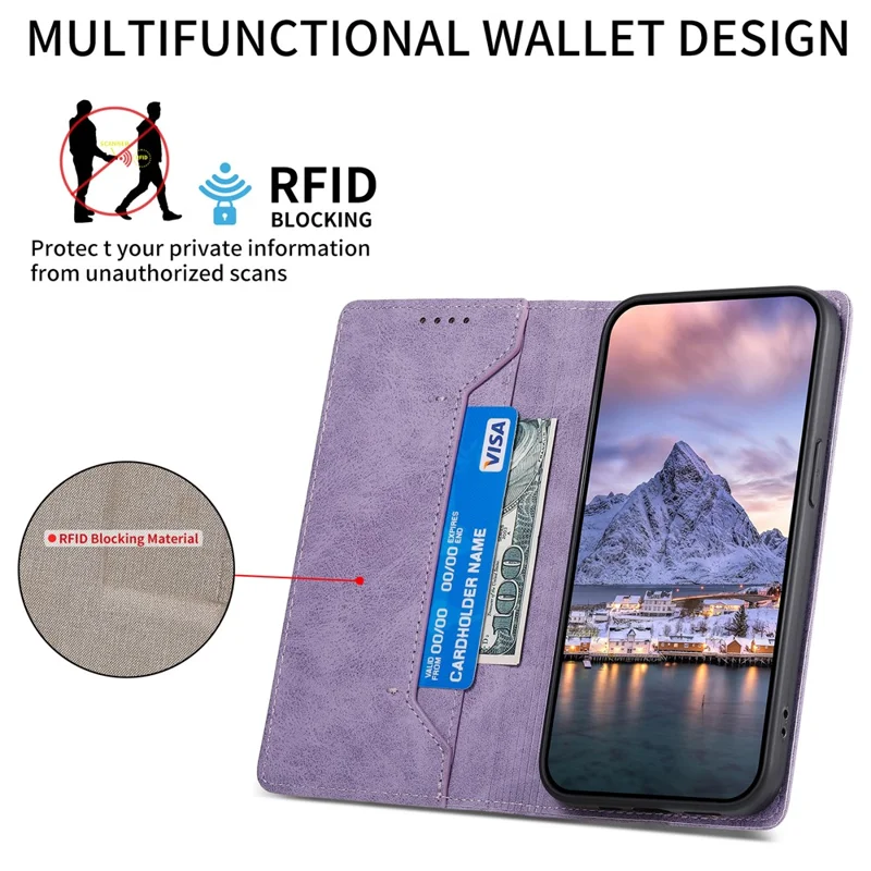 Bulk Purchasing For Samsung Galaxy A55 5G Wallet Case RFID Blocking TPU PU Leather Phone Cover - Purple