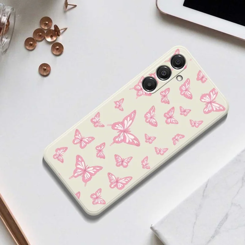 For Samsung Galaxy A37 5G Case Pink Butterflies Pattern Printing Straight Edge TPU Phone Back Cover - Beige
