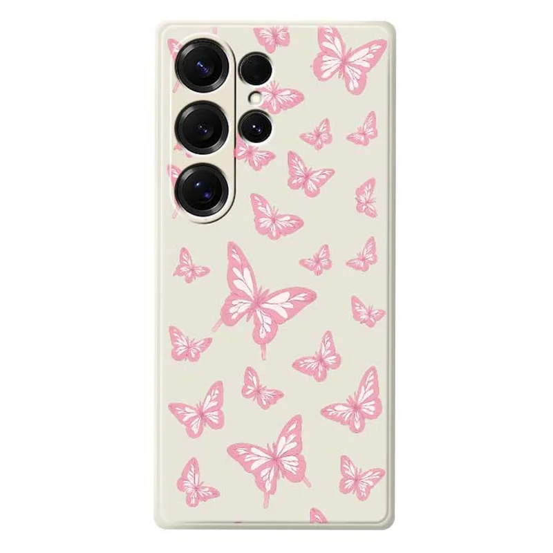 For Samsung Galaxy S26 Ultra Case Pink Butterflies Pattern Printing Straight Edge TPU Phone Back Cover - Beige