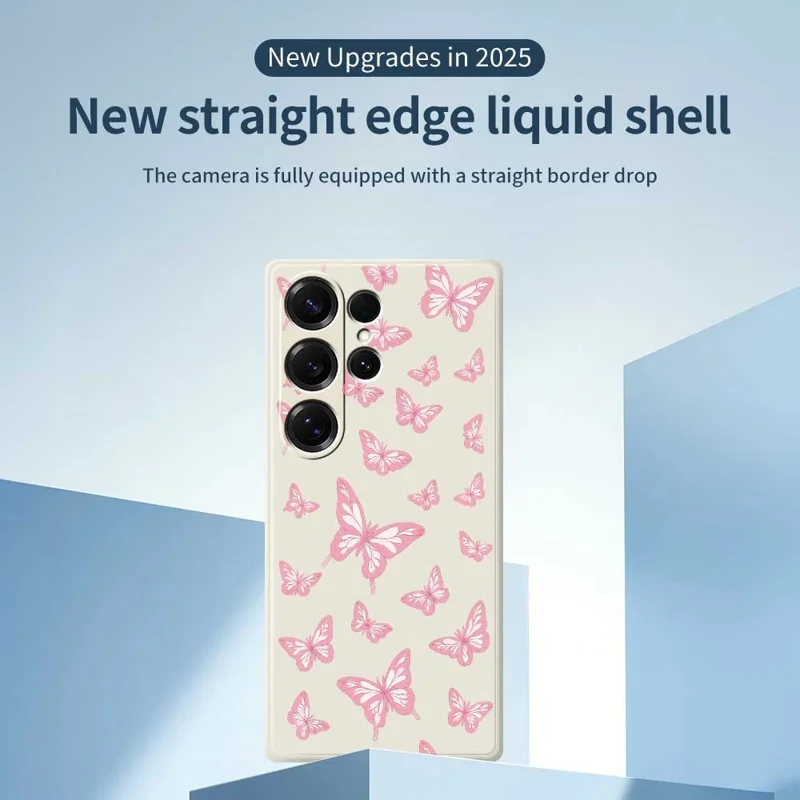 For Samsung Galaxy S26 Ultra Case Pink Butterflies Pattern Printing Straight Edge TPU Phone Back Cover - Beige