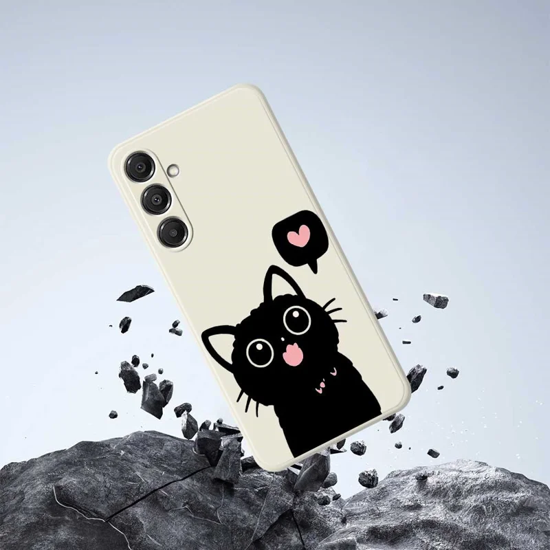 For Samsung Galaxy A57 5G Case Love Black Cat Pattern Printing Straight Edge TPU Phone Back Cover - Beige